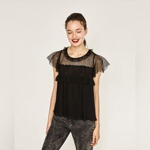 Zara Lace Black Pleated Blouse Sz S